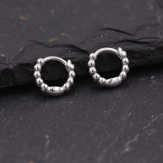 Sterling Silver Small Huggie Hoop Earrings, Pebble Circle Round Earrings, Minimalist Geometric Design J42