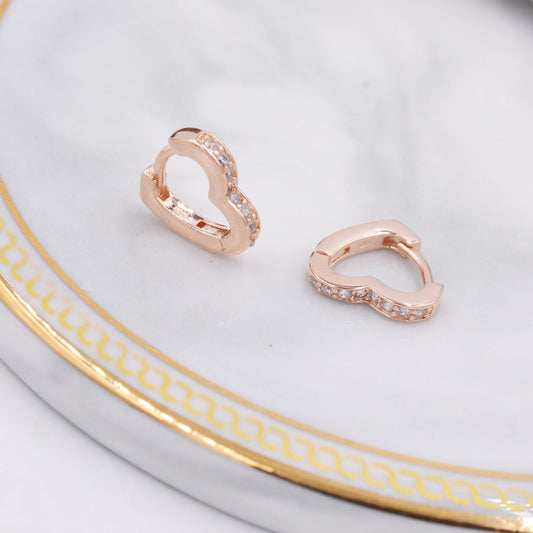 Heart Huggie Hoop Earrings in Sterling Silver, Silver, Gold or Rose Gold with CZ Crystals, Minimalist Geometric Design