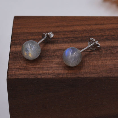 Grey Labradorite Gemstone Stud Earrings, Simple Ball Earrings, Sterling Silver Posts, Sphere Geometric Minimalist Design