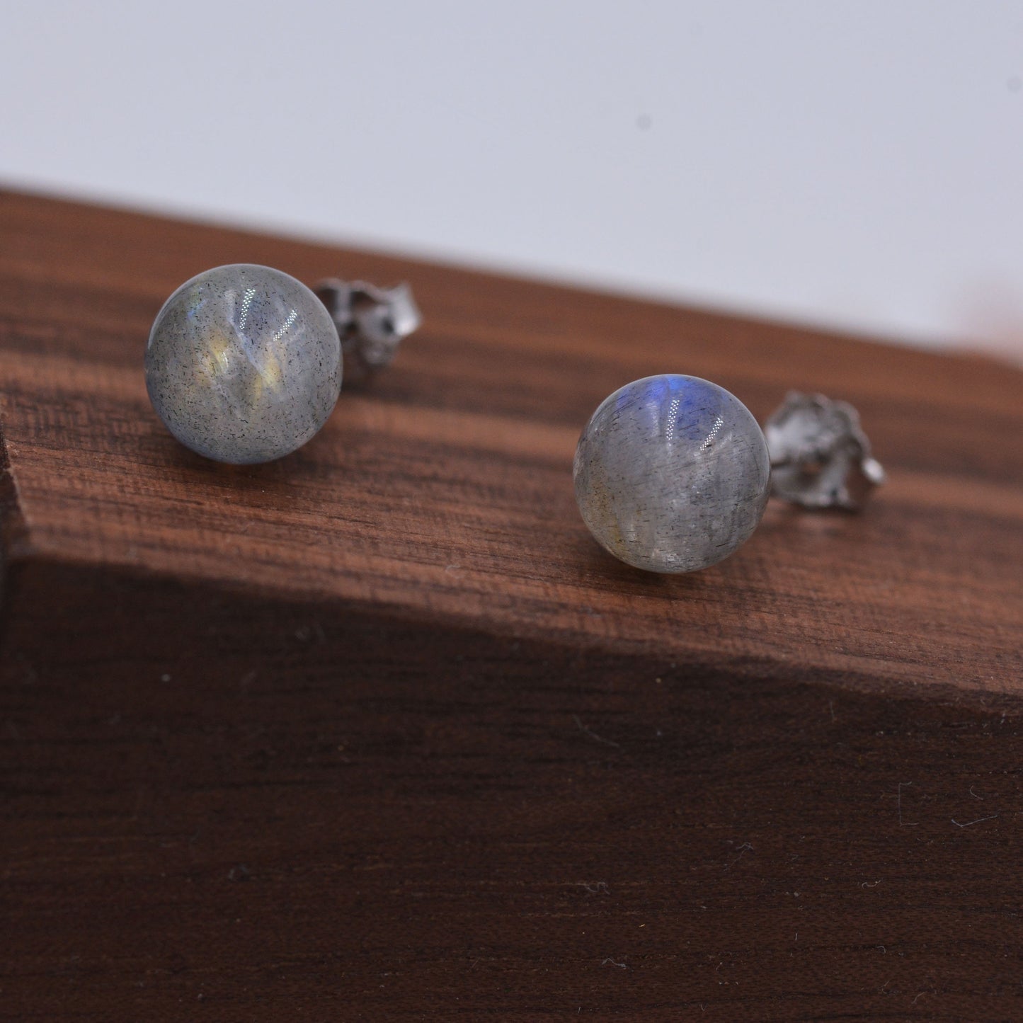 Grey Labradorite Gemstone Stud Earrings, Simple Ball Earrings, Sterling Silver Posts, Sphere Geometric Minimalist Design