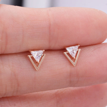 Tiny Double Triangle Arrow Arrowhead Stud Earrings, Rose Gold over Sterling Silver, Chevron Geometric Minimalist Design