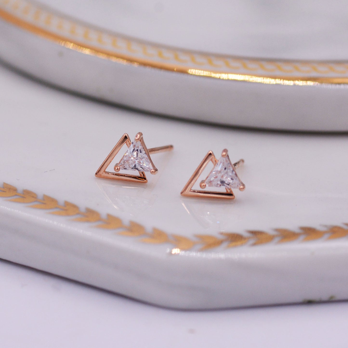 Tiny Double Triangle Arrow Arrowhead Stud Earrings, Rose Gold over Sterling Silver, Chevron Geometric Minimalist Design