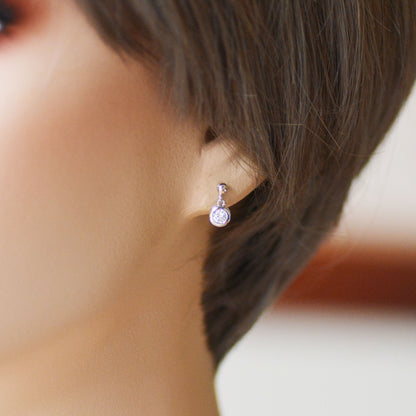 Tiny Dangling Solitaire CZ Stone (Simulated Diamond) Drop Stud Earrings in Sterling Silver, Classic Minimalist Geometric Design, Delicate