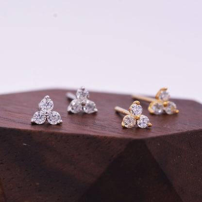 Very Tiny Three Dot Trio Stud Earrings in Sterling Silver with Sparkly CZ Crystals, Silver, Gold, Rose Gold