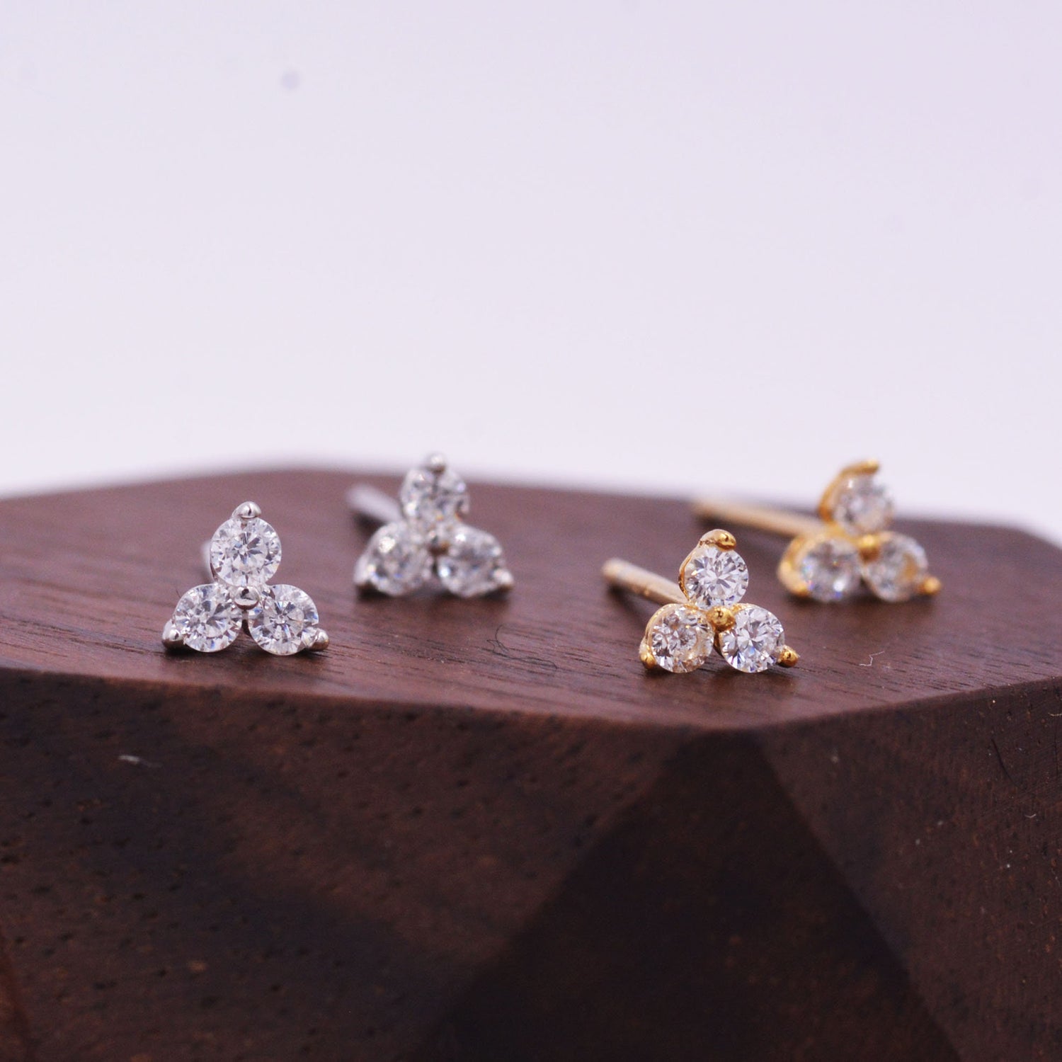 Very Tiny Three Dot Trio Stud Earrings in Sterling Silver with Sparkly CZ Crystals, Simple and Minimalist, Geometric and Discreet