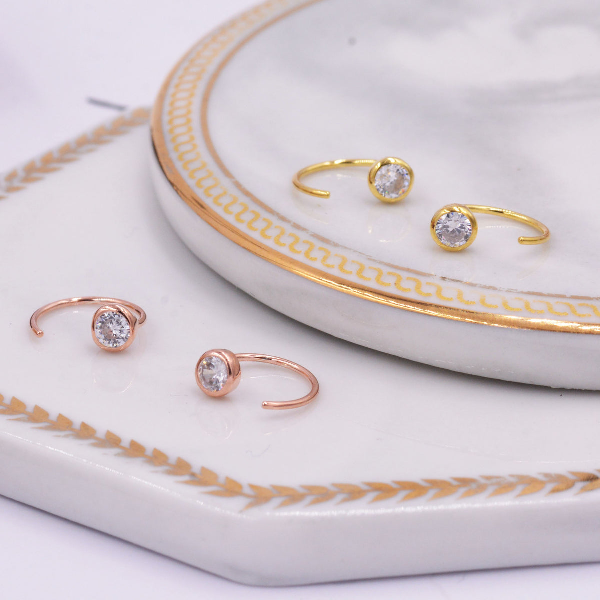 Huggie Hoop Earrings in Sterling Silver, Sparkly CZ Crystals (Lab Diamond), Pull Through Earrings Minimalist Geometric Design,
