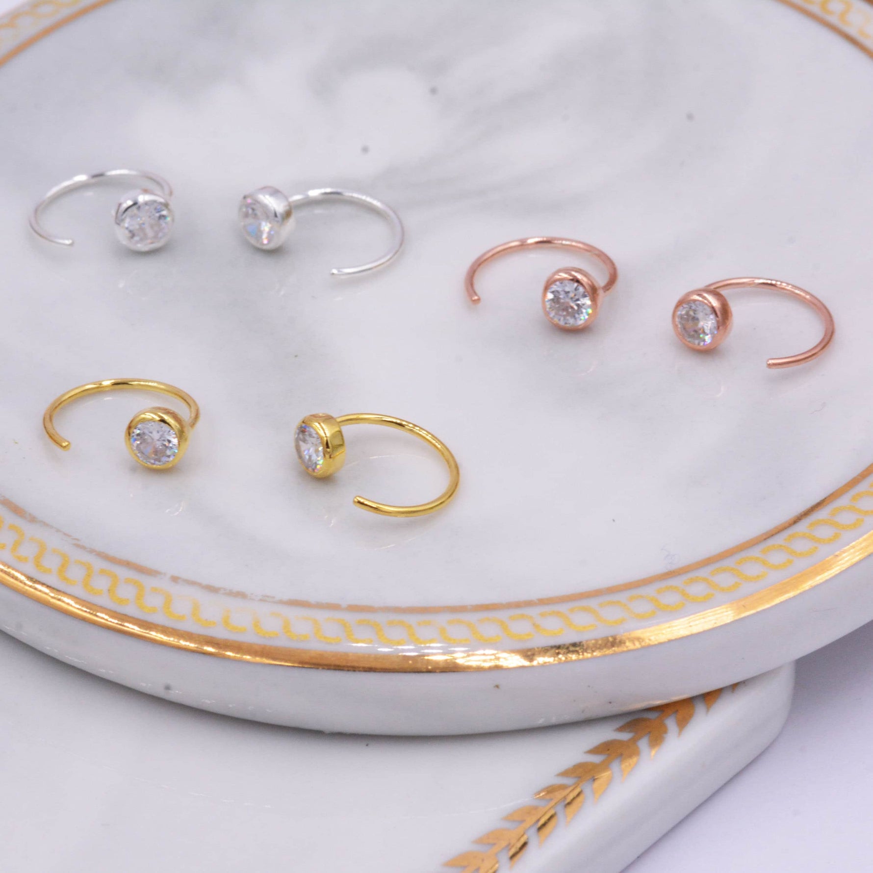 Huggie Hoop Earrings in Sterling Silver, Sparkly CZ Crystals (Lab Diamond), Pull Through Earrings Minimalist Geometric Design,