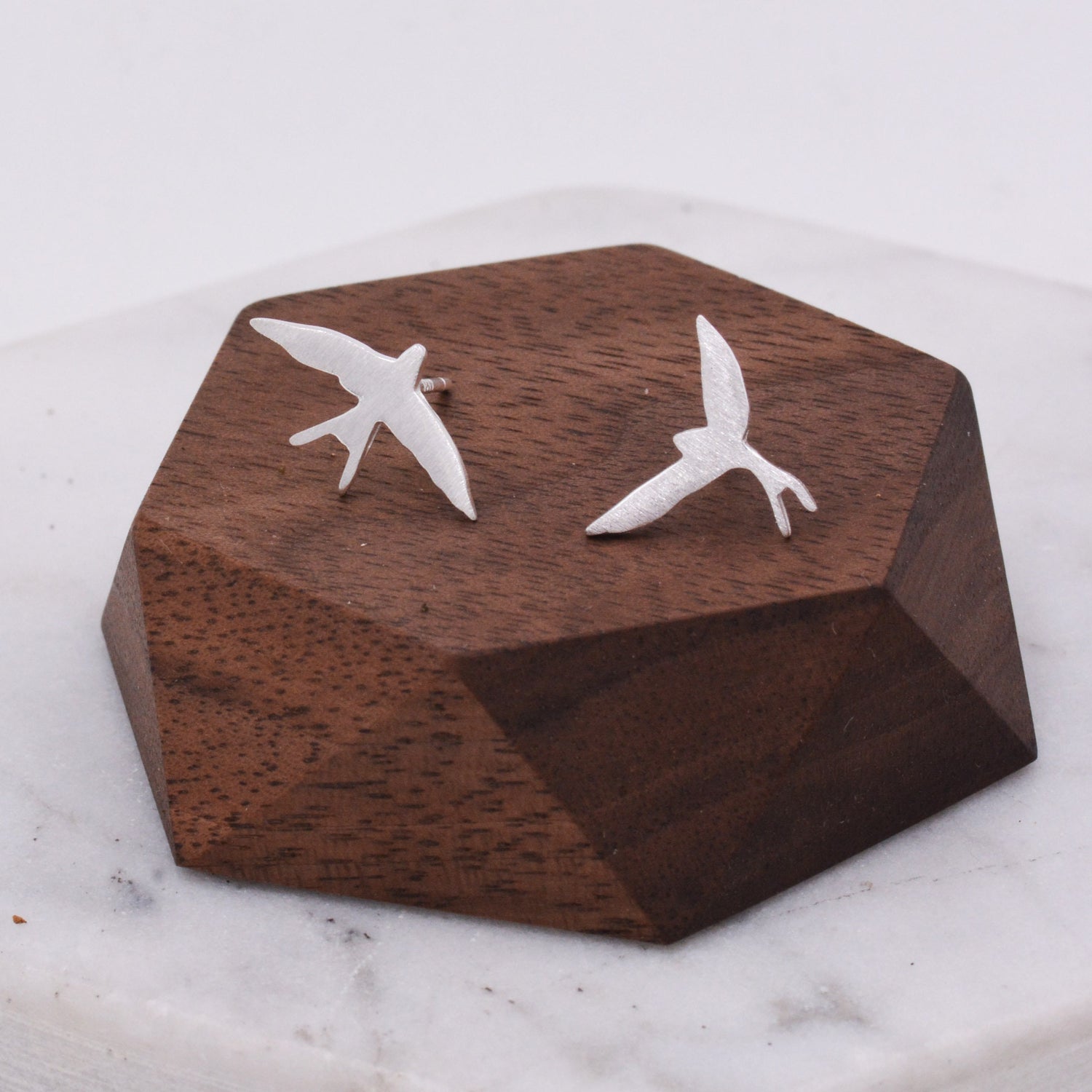 Sterling Silver Mismatched Asymmetric Swallow Bird Silhouette Stud Earrings - Textured Finish, Stacking Earrings -Fun, Whimsical and Pretty