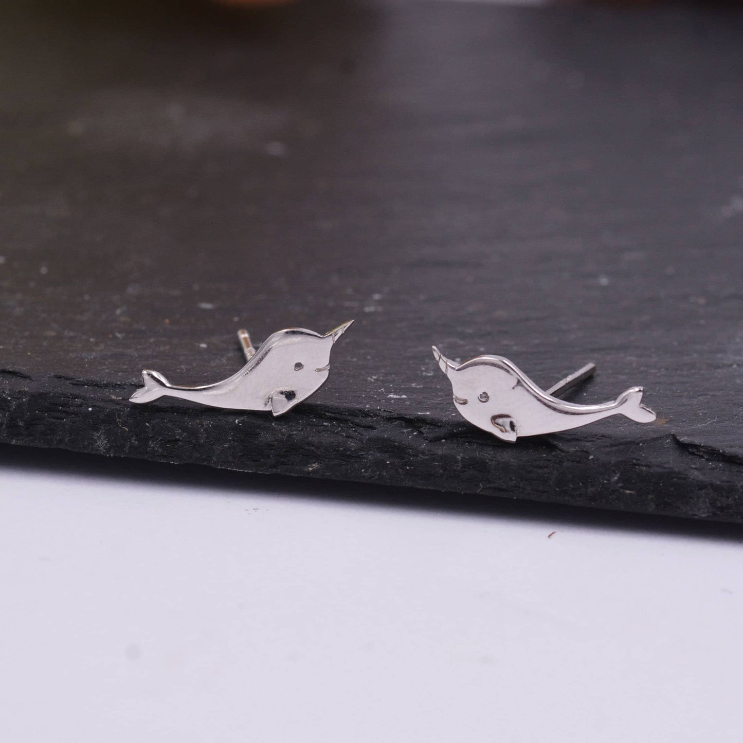 Narwhal Unicorn Whale Stud Earrings in Sterling Silver,  Cute Fun Quirky, Gift for Her, Animal Lover, Nature Inspired, Nautical Fish Ocean