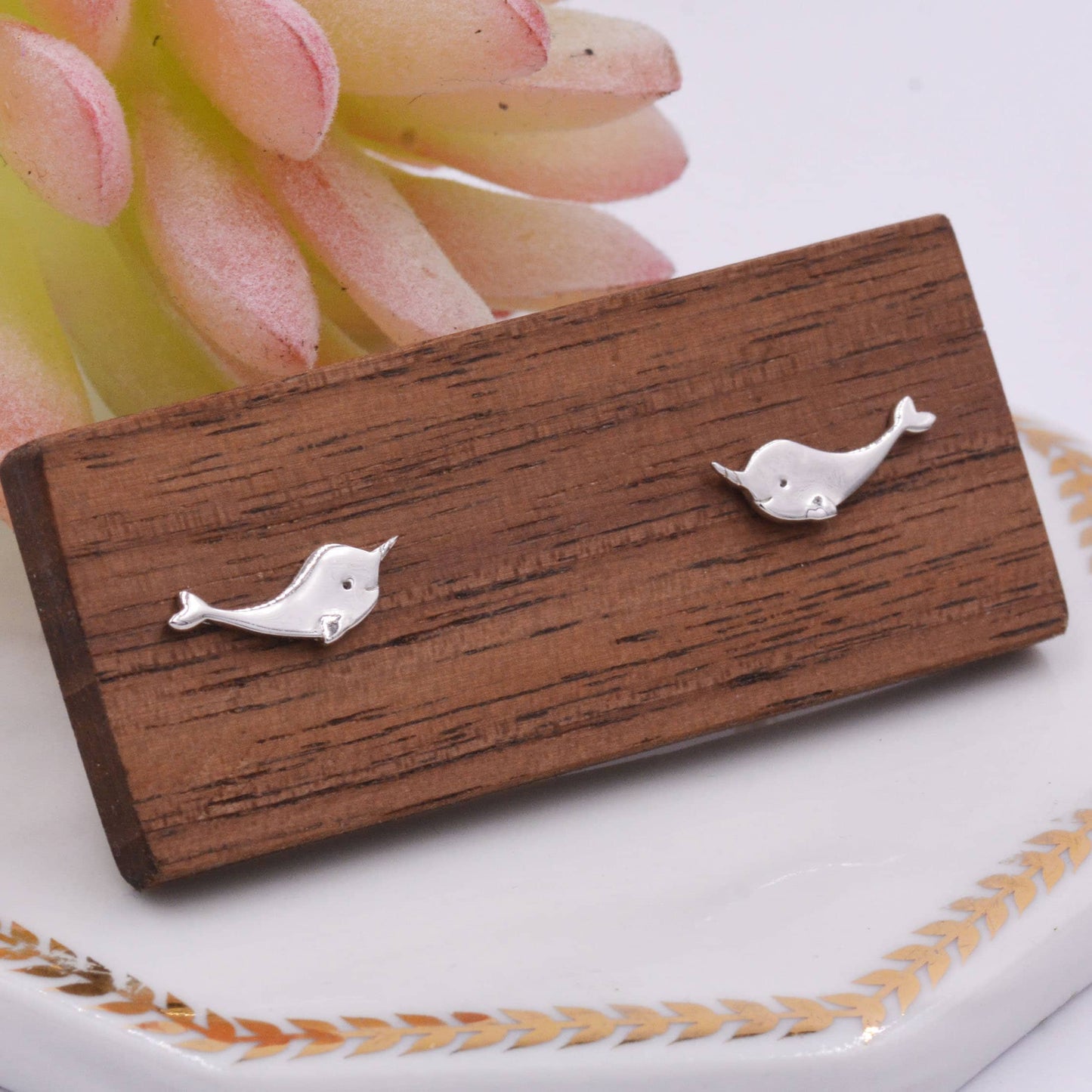 Narwhal Unicorn Whale Stud Earrings in Sterling Silver,  Cute Fun Quirky, Gift for Her, Animal Lover, Nature Inspired, Nautical Fish Ocean