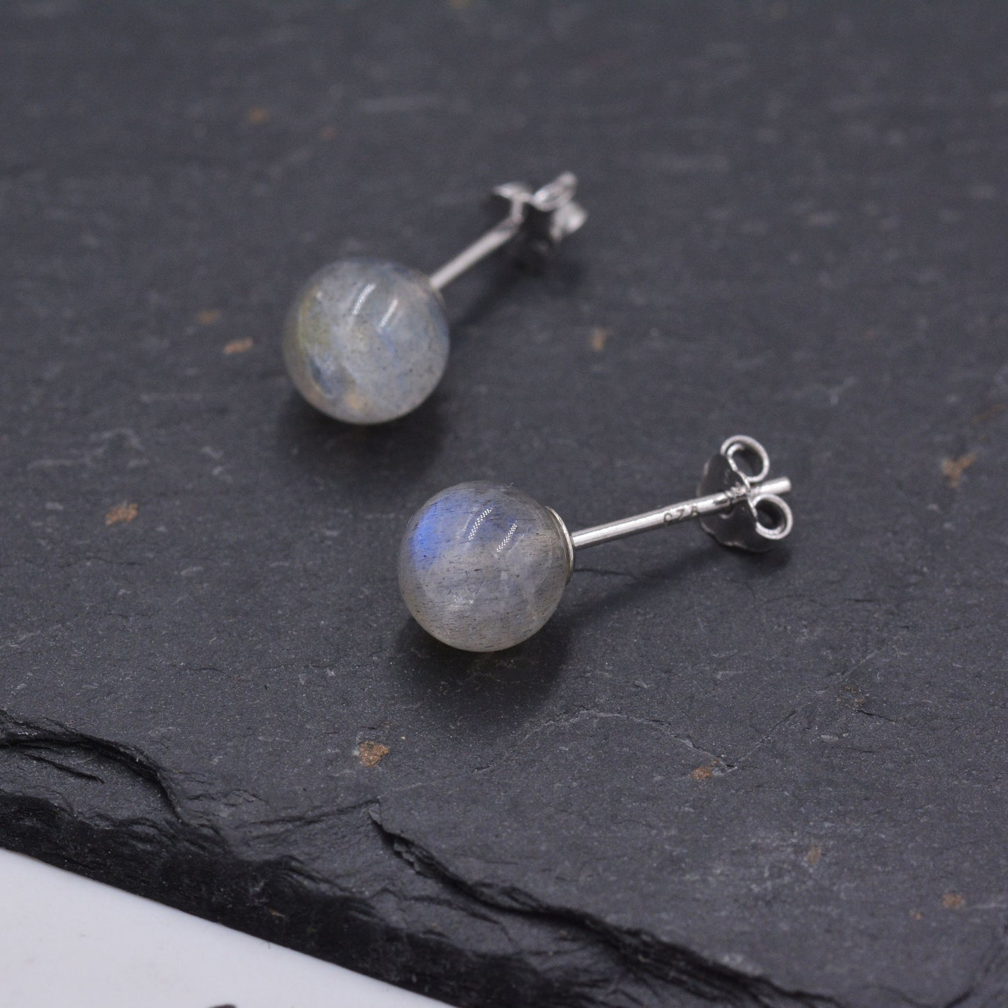 Grey Labradorite Gemstone Stud Earrings, Simple Ball Earrings, Sterling Silver Posts, Sphere Geometric Minimalist Design