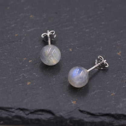 Grey Labradorite Gemstone Stud Earrings, Simple Ball Earrings, Sterling Silver Posts, Sphere Geometric Minimalist Design