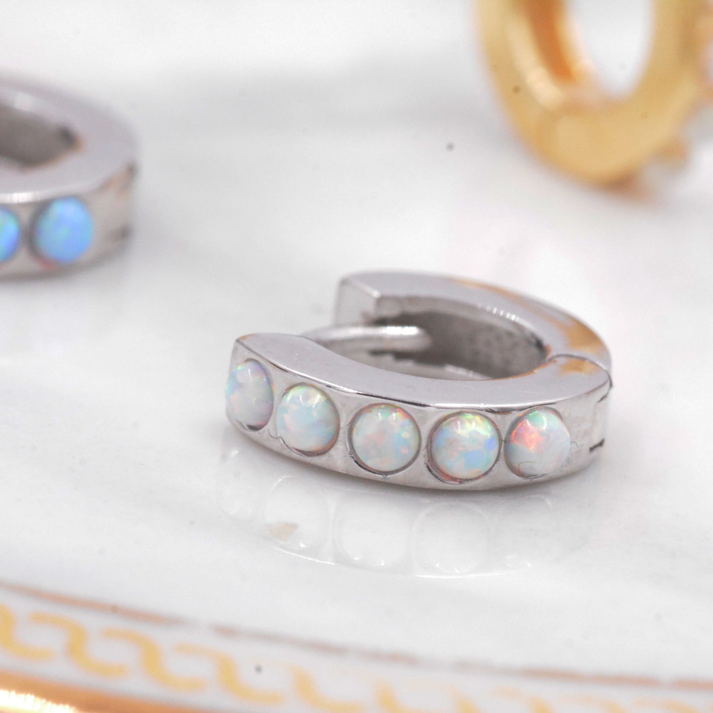 Sterling Silver Opal Huggie Hoop Earrings, Gold Hoop, Blue and White Opal, Minimalist Geometric Hoop Earrings