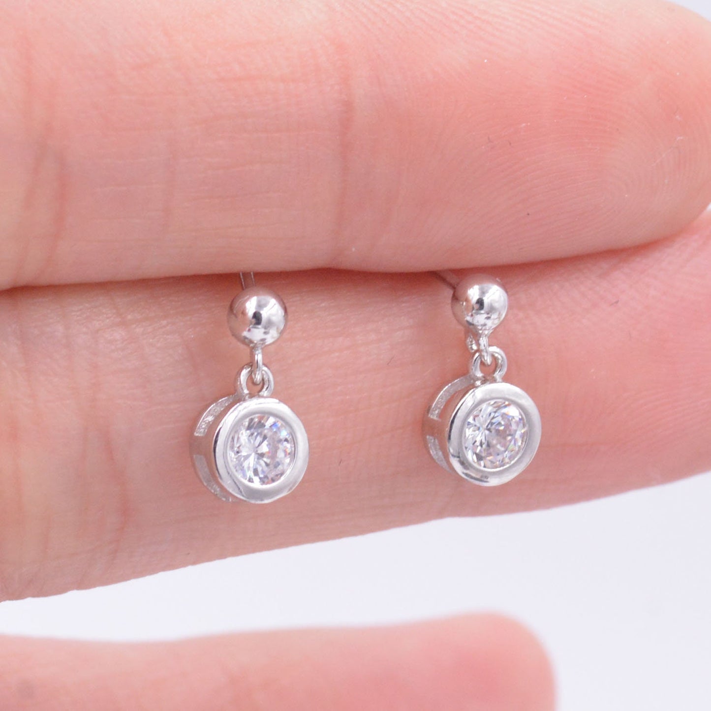 Tiny Dangling Solitaire CZ Stone (Simulated Diamond) Drop Stud Earrings in Sterling Silver, Classic Minimalist Geometric Design, Delicate