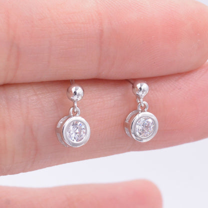 Tiny Dangling Solitaire CZ Stone (Simulated Diamond) Drop Stud Earrings in Sterling Silver, Classic Minimalist Geometric Design, Delicate