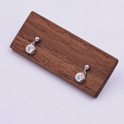 Tiny Dangling Solitaire CZ Stone (Simulated Diamond) Drop Stud Earrings in Sterling Silver, Classic Minimalist Geometric Design, Delicate