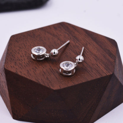 Tiny Dangling Solitaire CZ Stone (Simulated Diamond) Drop Stud Earrings in Sterling Silver, Classic Minimalist Geometric Design, Delicate