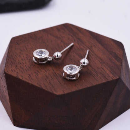 Tiny Dangling Solitaire CZ Stone (Simulated Diamond) Drop Stud Earrings in Sterling Silver, Classic Minimalist Geometric Design, Delicate