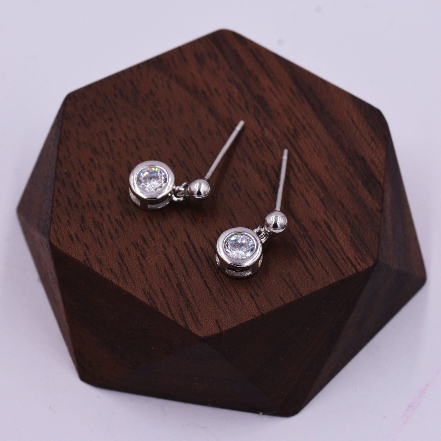 Tiny Dangling Solitaire CZ Stone (Simulated Diamond) Drop Stud Earrings in Sterling Silver, Classic Minimalist Geometric Design, Delicate