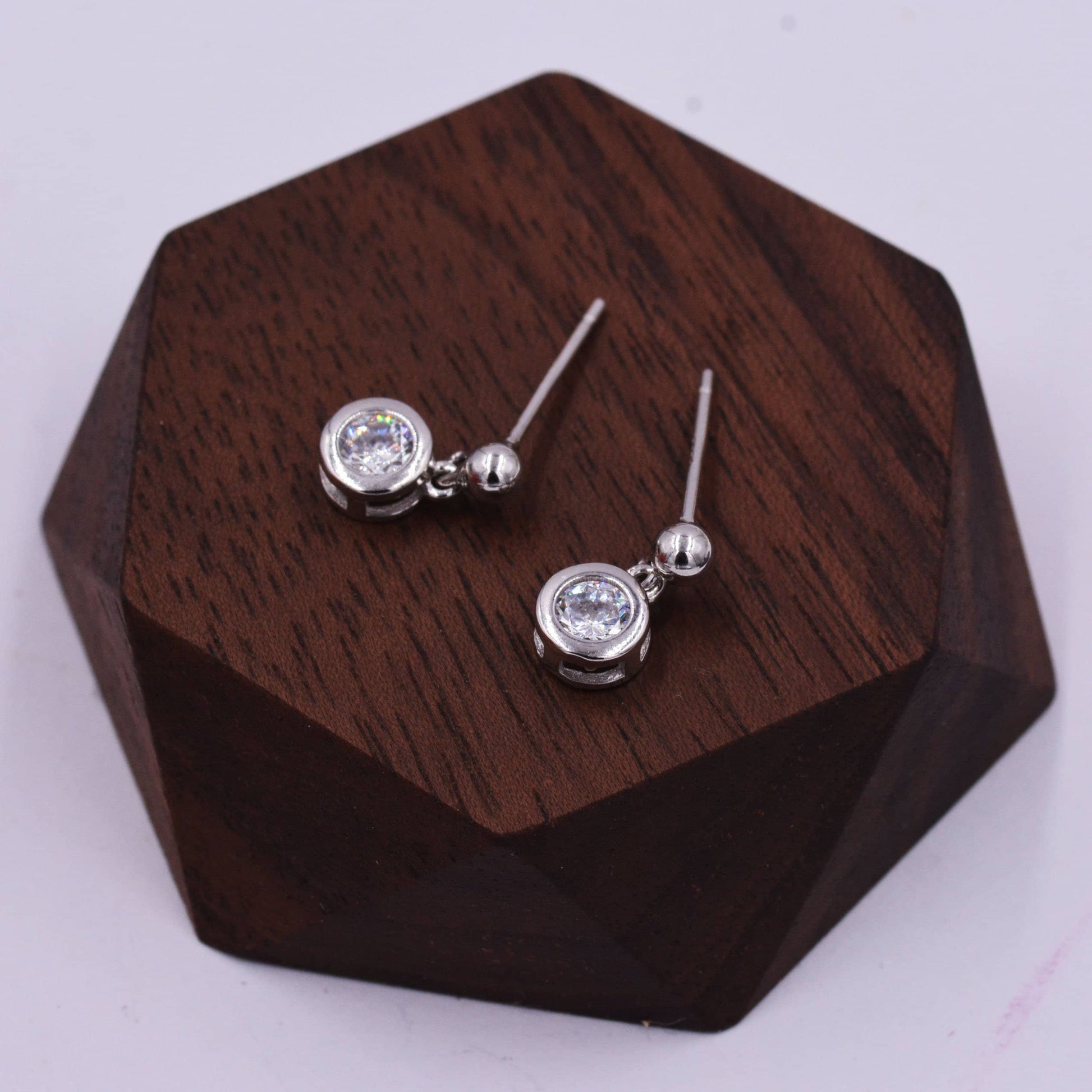 Tiny Dangling Solitaire CZ Stone (Simulated Diamond) Drop Stud Earrings in Sterling Silver, Classic Minimalist Geometric Design, Delicate