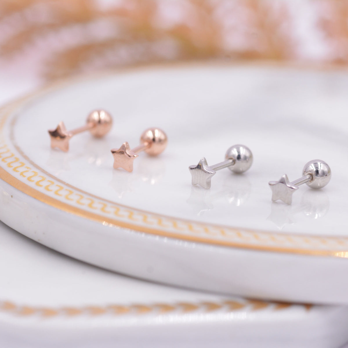 Small Pair of Star Stud Earrings in Sterling Silver, Rose Gold and Silver, Screw Back Earrings - helix ,cartilage , conch, tragus