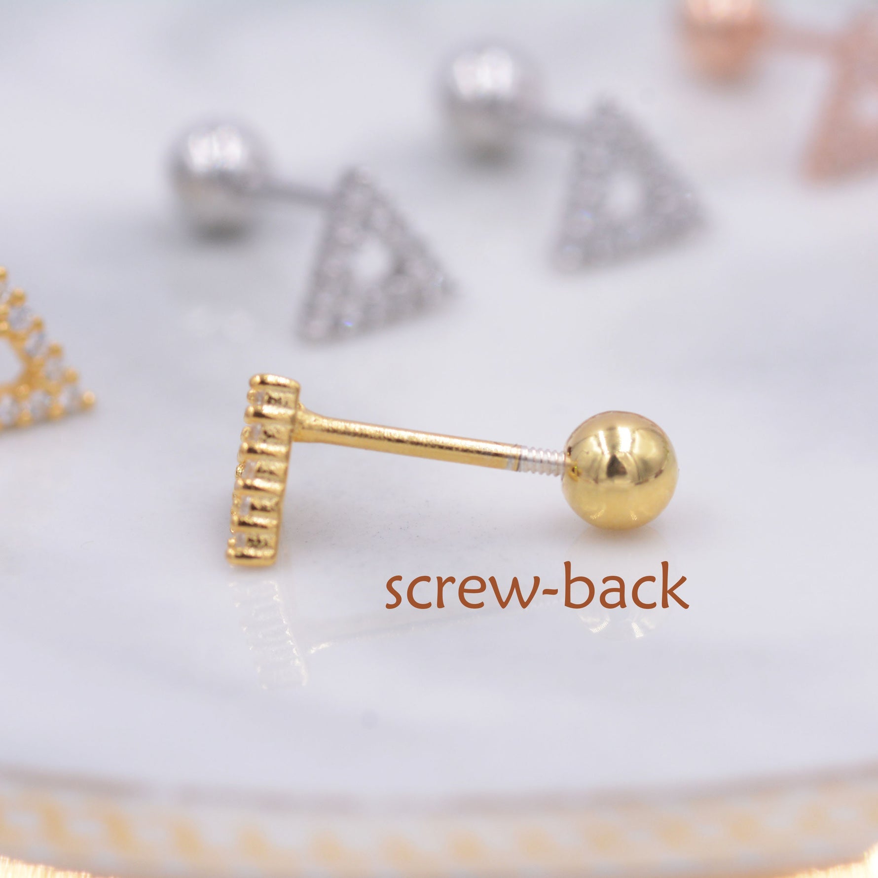 Small Pair of Open Triangle Stud Earrings in Sterling Silver, Rose Gold, Silver, Screw Back Earrings - helix, cartilage, conch, tragus