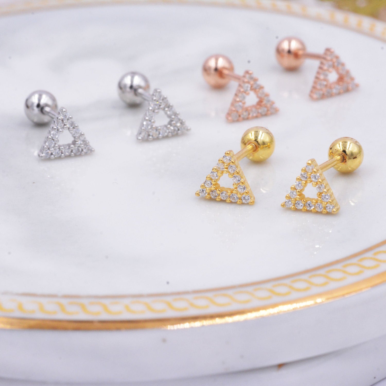 Small Pair of Open Triangle Stud Earrings in Sterling Silver, Rose Gold, Silver, Screw Back Earrings - helix, cartilage, conch, tragus