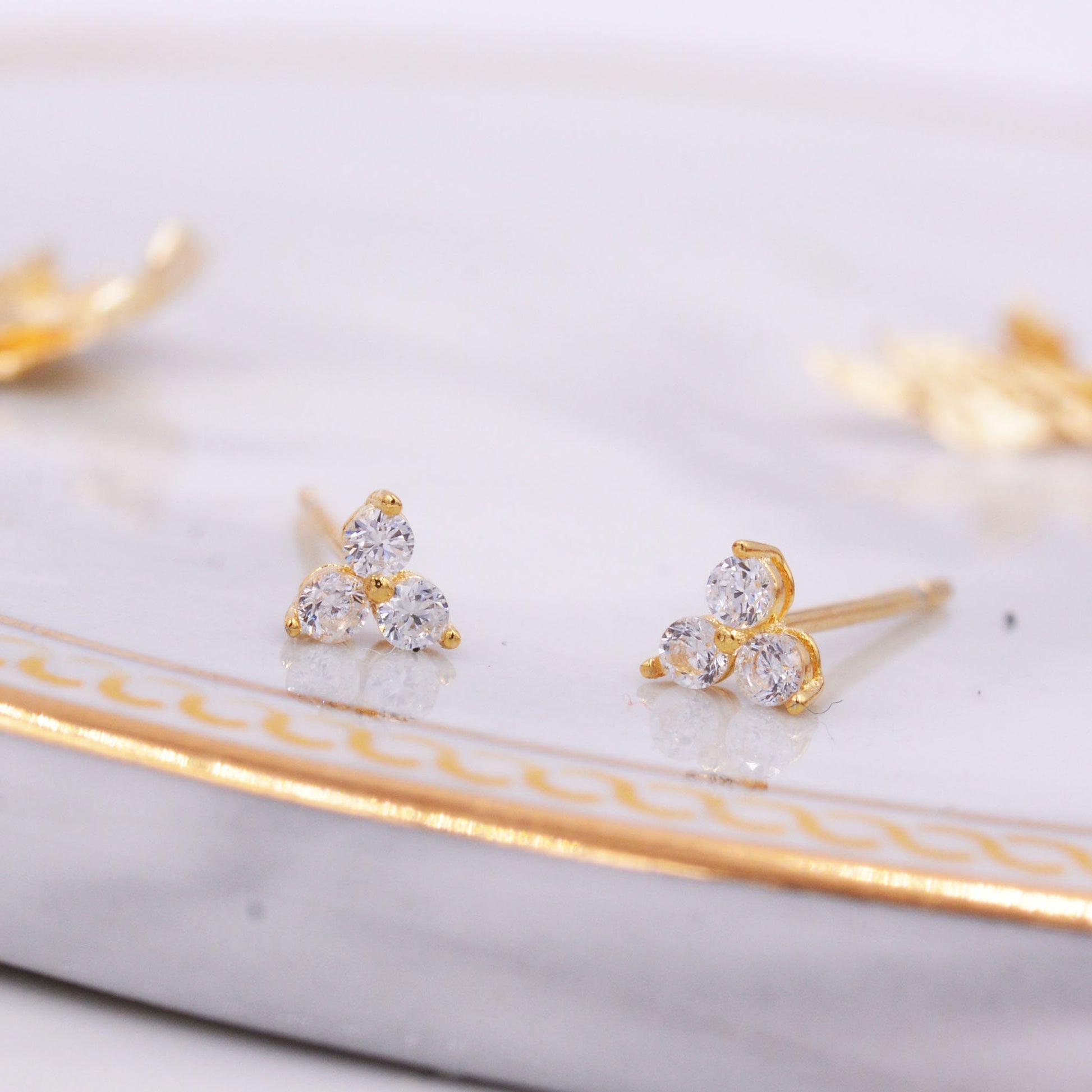 Very Tiny Three Dot Trio Stud Earrings in Sterling Silver with Sparkly CZ Crystals, Silver, Gold, Rose Gold