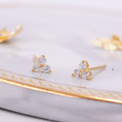 Very Tiny Three Dot Trio Stud Earrings in Sterling Silver with Sparkly CZ Crystals, Simple and Minimalist, Geometric and Discreet