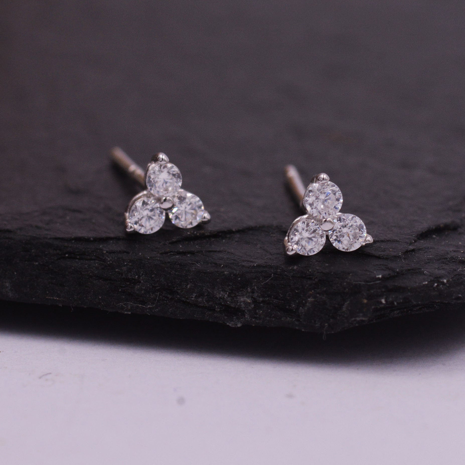 Very Tiny Three Dot Trio Stud Earrings in Sterling Silver with Sparkly CZ Crystals, Silver, Gold, Rose Gold