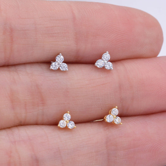 Very Tiny Three Dot Trio Stud Earrings in Sterling Silver with Sparkly CZ Crystals, Silver, Gold, Rose Gold