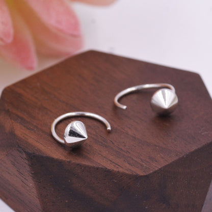 Spike Huggie Hoop Earrings in Sterling Silver, Pull Through Open Hoop Pyramid Earrings Minimalist Geometric Design