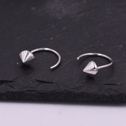 Spike Huggie Hoop Earrings in Sterling Silver, Pull Through Open Hoop Pyramid Earrings Minimalist Geometric Design