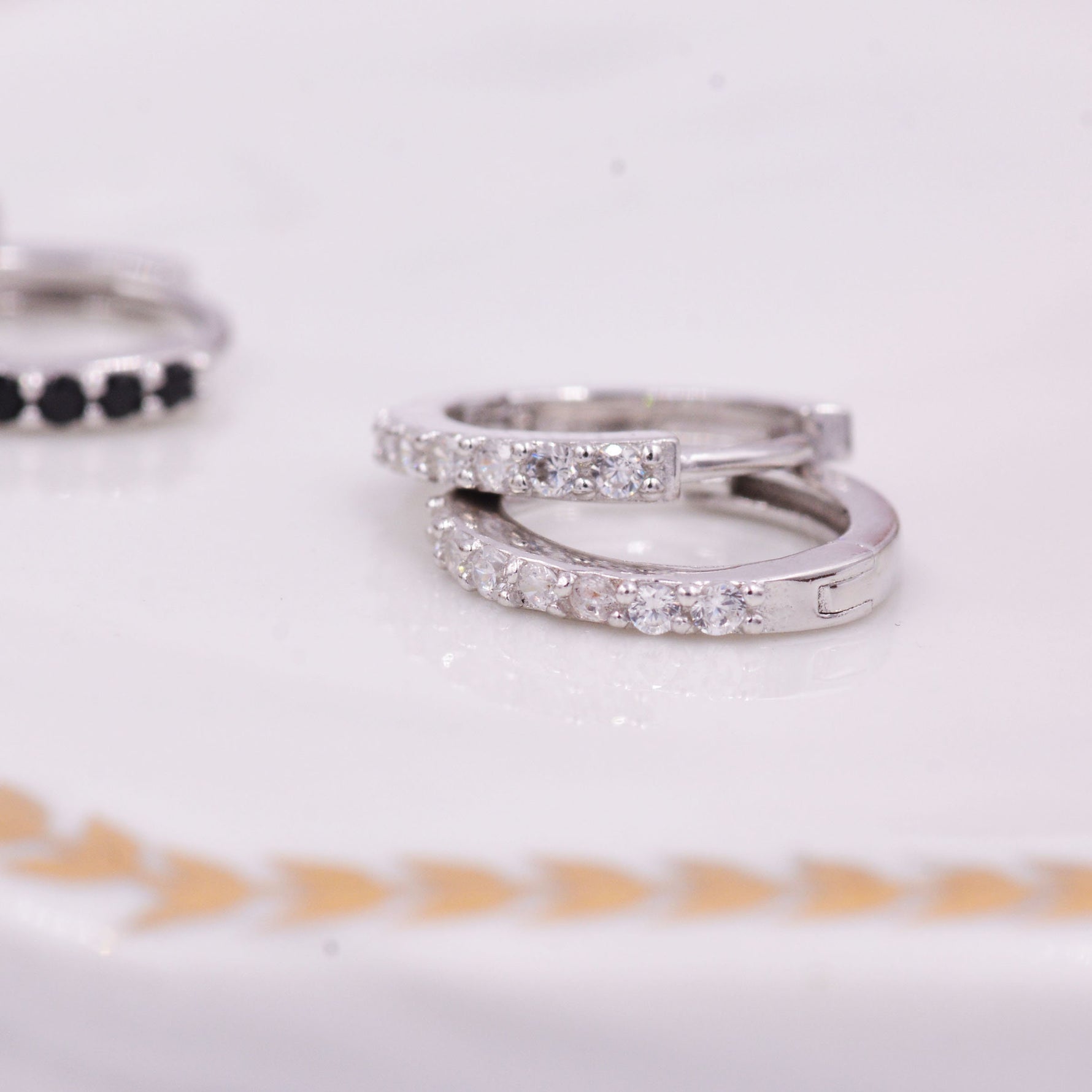 Pair of Minimalist Huggie Hoop Earrings in Sterling Silver with Sparkling CZ Crystals, Simple Hoop Earrings
