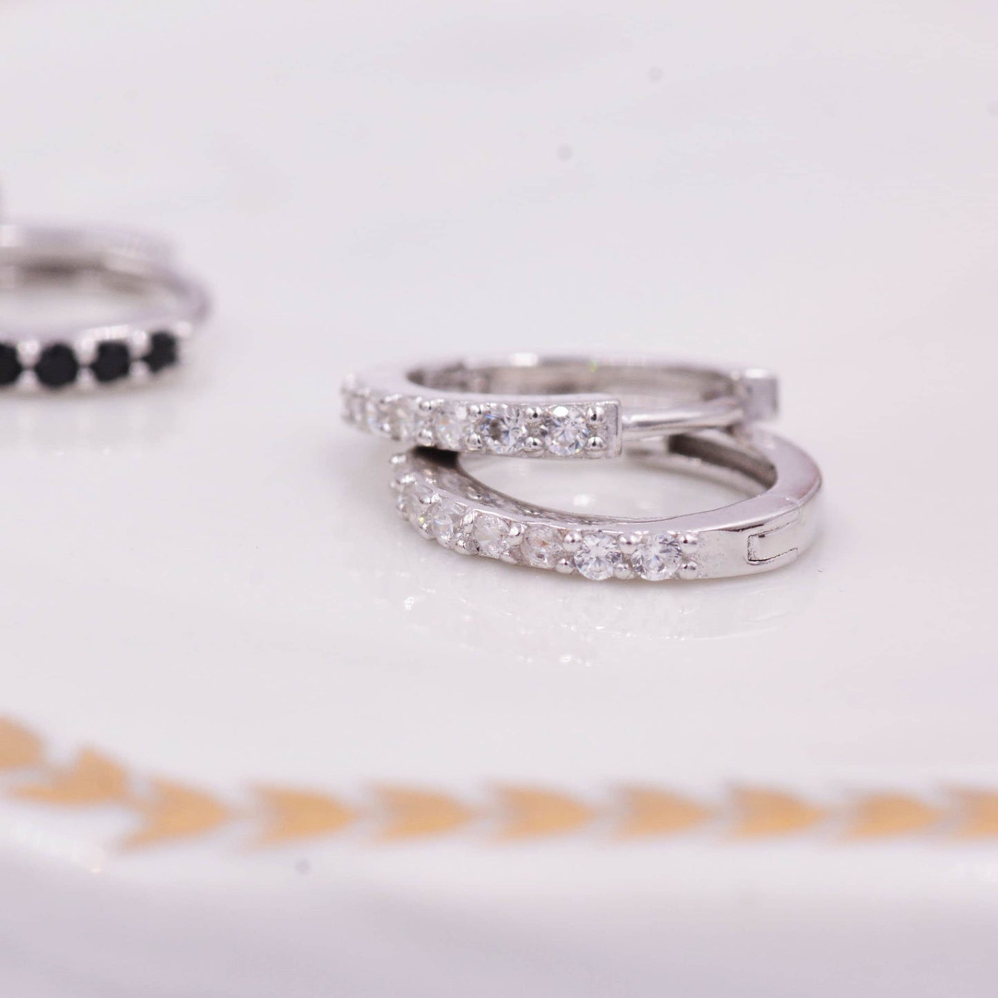 Pair of Minimalist Huggie Hoop Earrings in Sterling Silver with Sparkling CZ Crystals, Simple Hoop Earrings