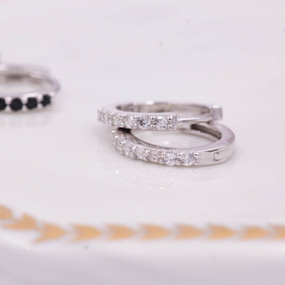 Pair of Minimalist Huggie Hoop Earrings in Sterling Silver with Sparkling CZ Crystals, Simple Hoop Earrings