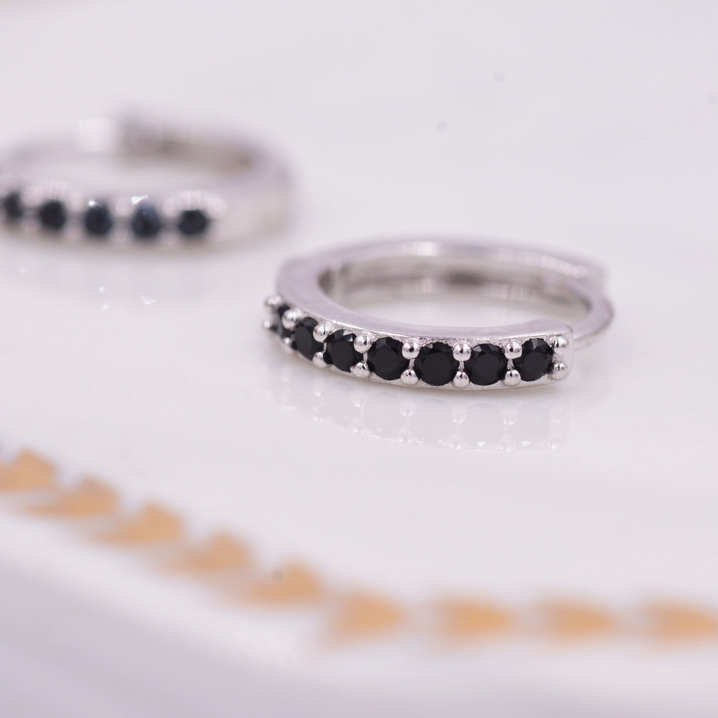 Pair of Minimalist Huggie Hoop Earrings in Sterling Silver with Sparkling CZ Crystals, Simple Hoop Earrings