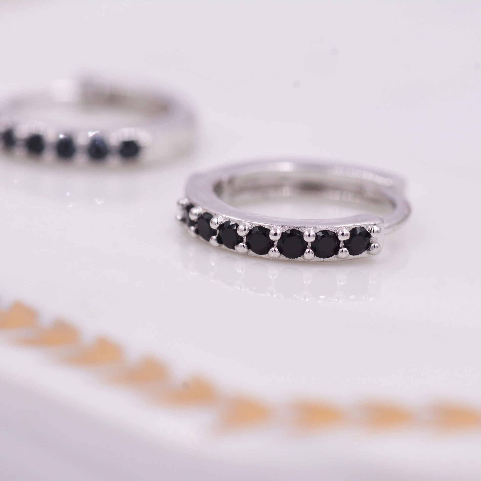 Pair of Minimalist Huggie Hoop Earrings in Sterling Silver with Sparkling CZ Crystals, Simple Hoop Earrings