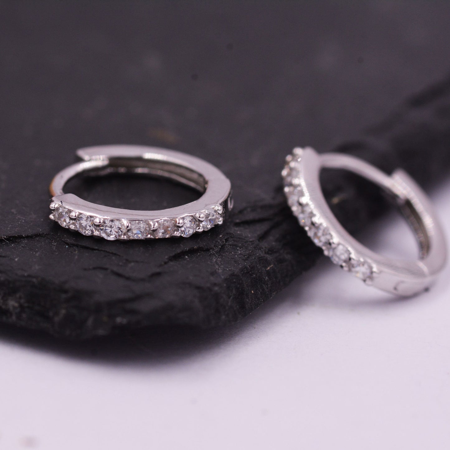 Pair of Minimalist Huggie Hoop Earrings in Sterling Silver with Sparkling CZ Crystals, Simple Hoop Earrings