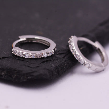 Pair of Minimalist Huggie Hoop Earrings in Sterling Silver with Sparkling CZ Crystals, Simple Hoop Earrings