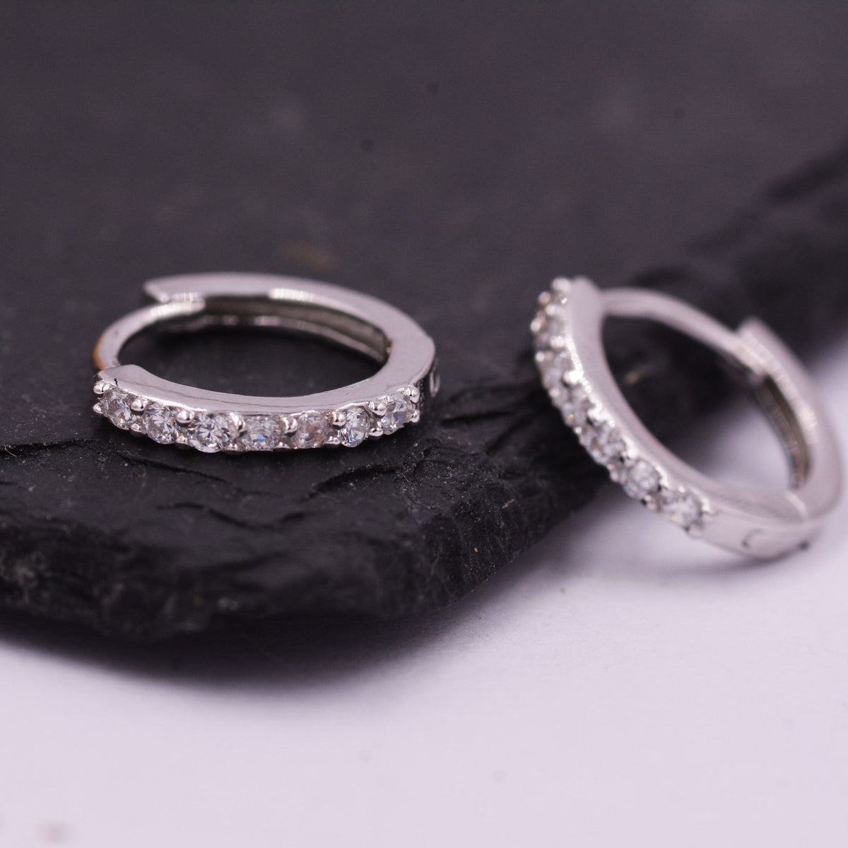 Pair of Minimalist Two-Way Huggie Hoop Earrings in Sterling Silver with Sparkling CZ Crystals, Two Sizes Available, Simple Hoop Earrings