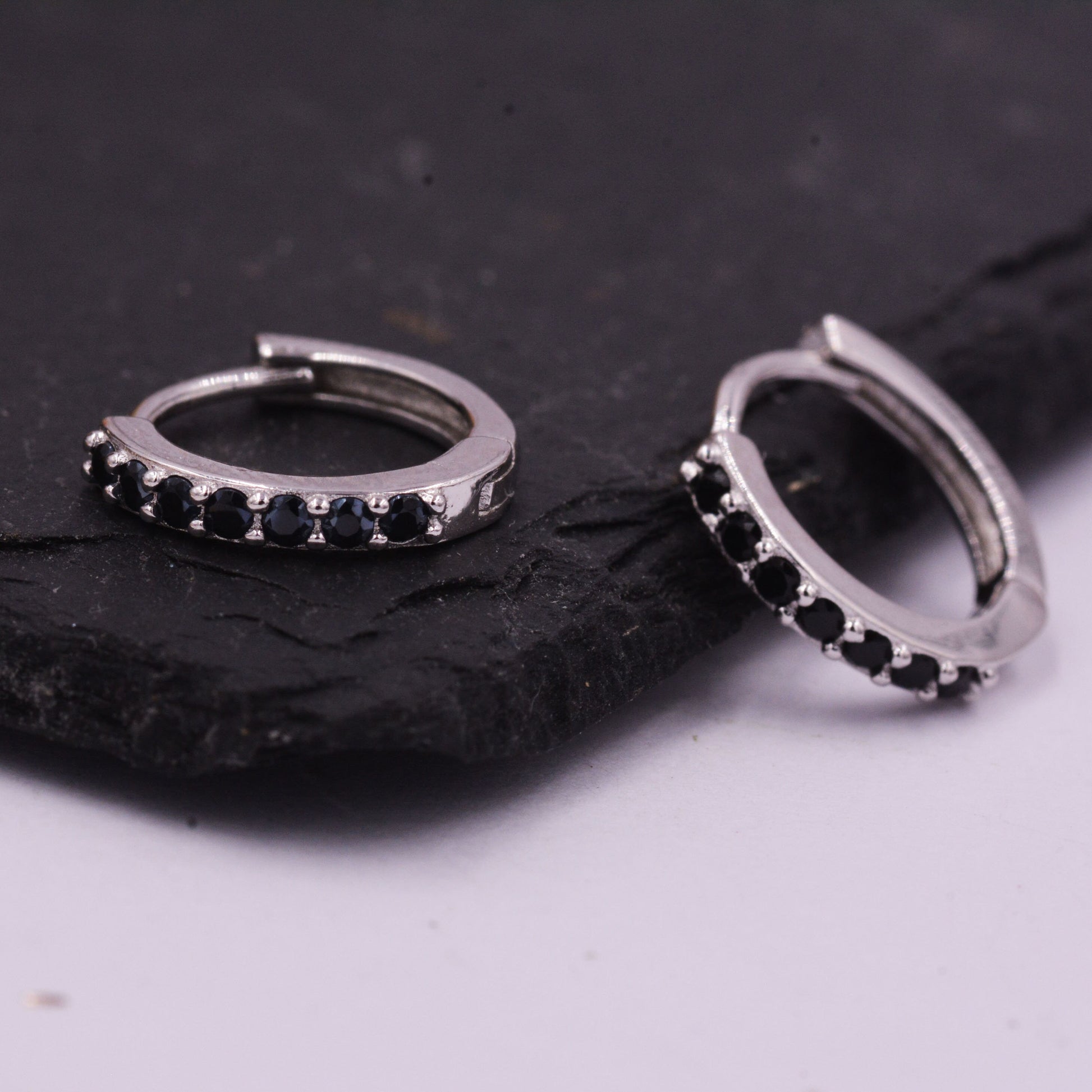 Pair of Minimalist Huggie Hoop Earrings in Sterling Silver with Sparkling CZ Crystals, Simple Hoop Earrings
