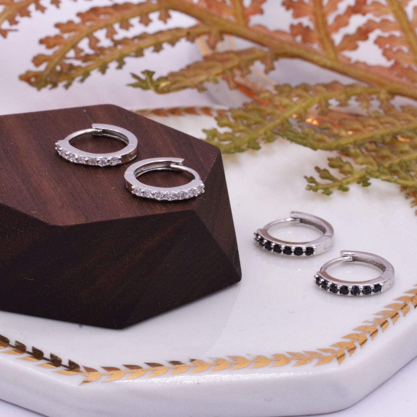 Pair of Minimalist Huggie Hoop Earrings in Sterling Silver with Sparkling CZ Crystals, Simple Hoop Earrings