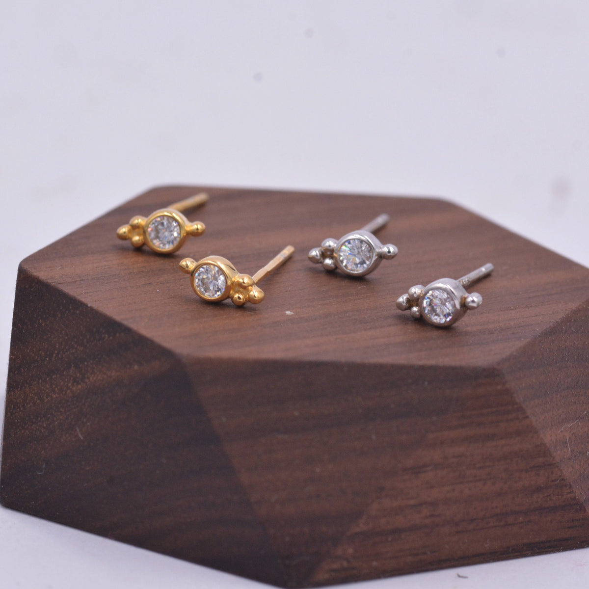Extra Tiny CZ Crystal with Dot Trio Stud Earrings, Dot Earrings, Sparkly Earrings, Minimalist Extra Small earrings