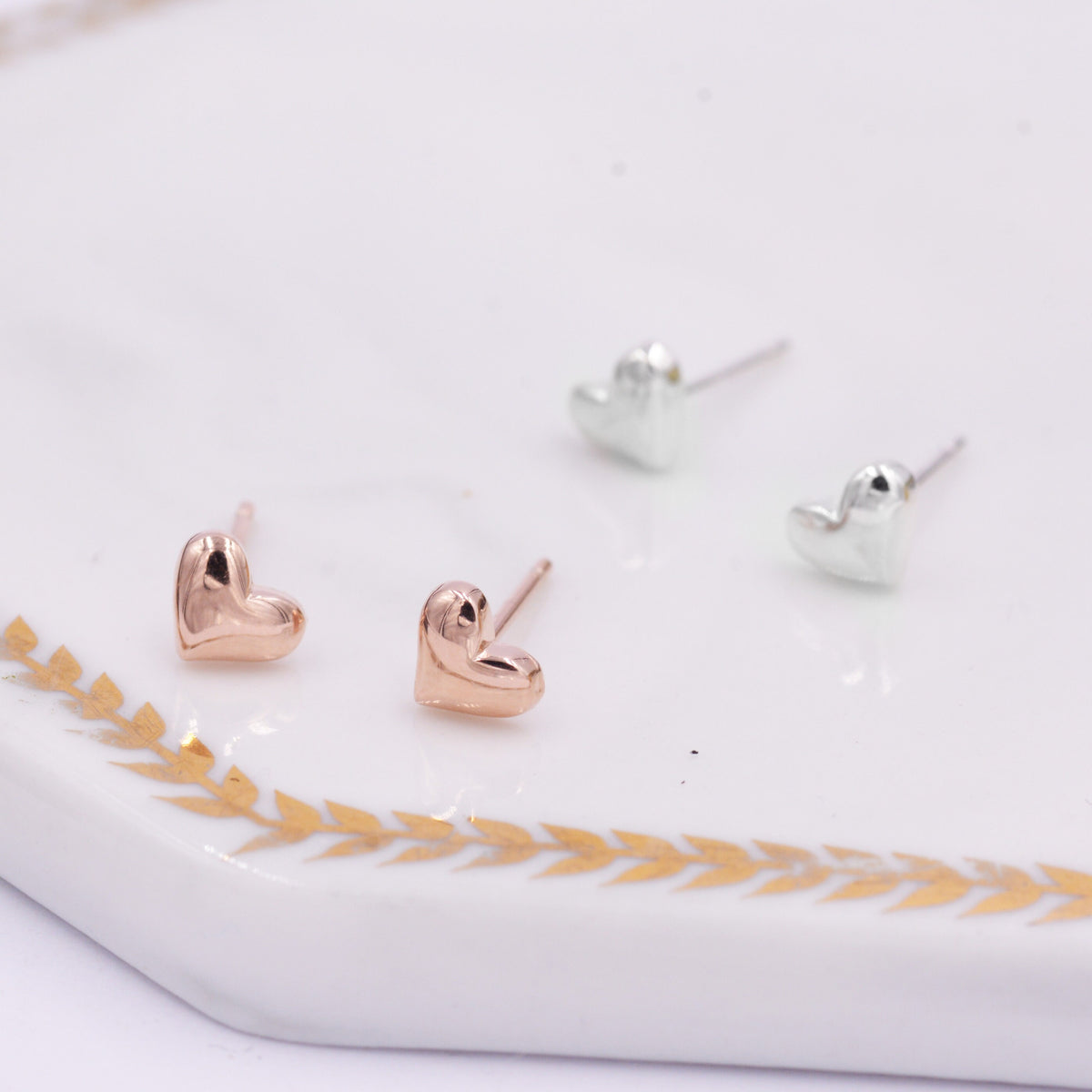 Tiny Pair of Heart Stud Earrings in Sterling Silver, Simple Stud, Silver and Rose Gold, Minimalist and Stylish