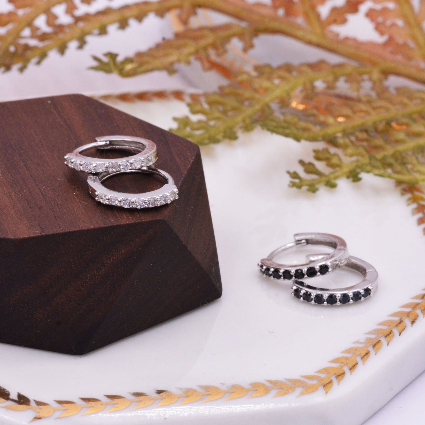 Pair of Minimalist Huggie Hoop Earrings in Sterling Silver with Sparkling CZ Crystals, Simple Hoop Earrings