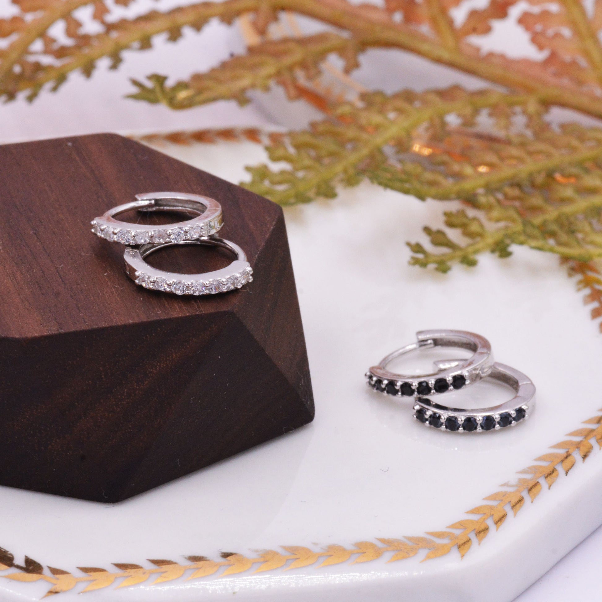 Pair of Minimalist Huggie Hoop Earrings in Sterling Silver with Sparkling CZ Crystals, Simple Hoop Earrings