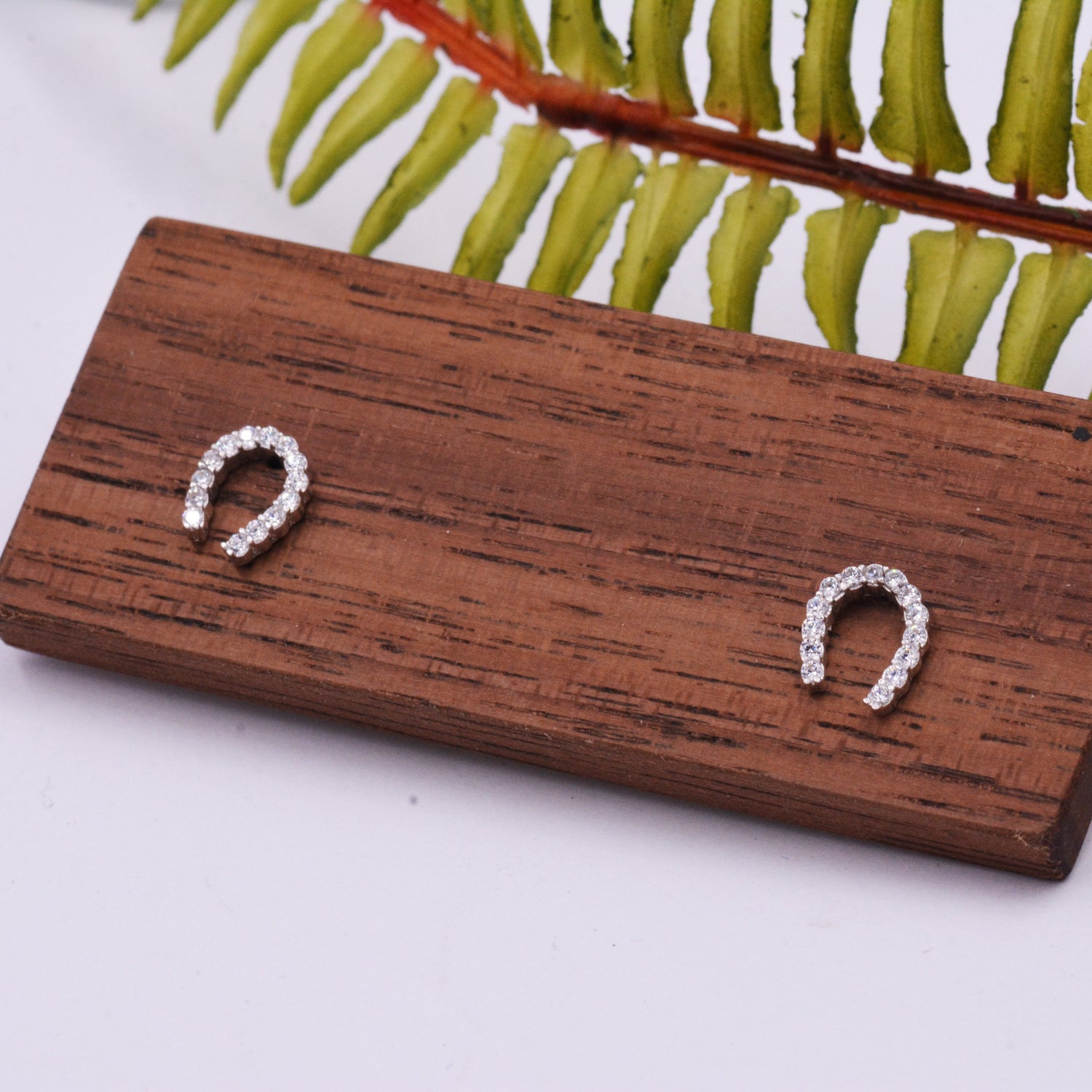 Sterling Silver Horseshoe Stud Earrings with Sparkling CZ Crystals, Fun and Quirky, Jewellery for Good Luck