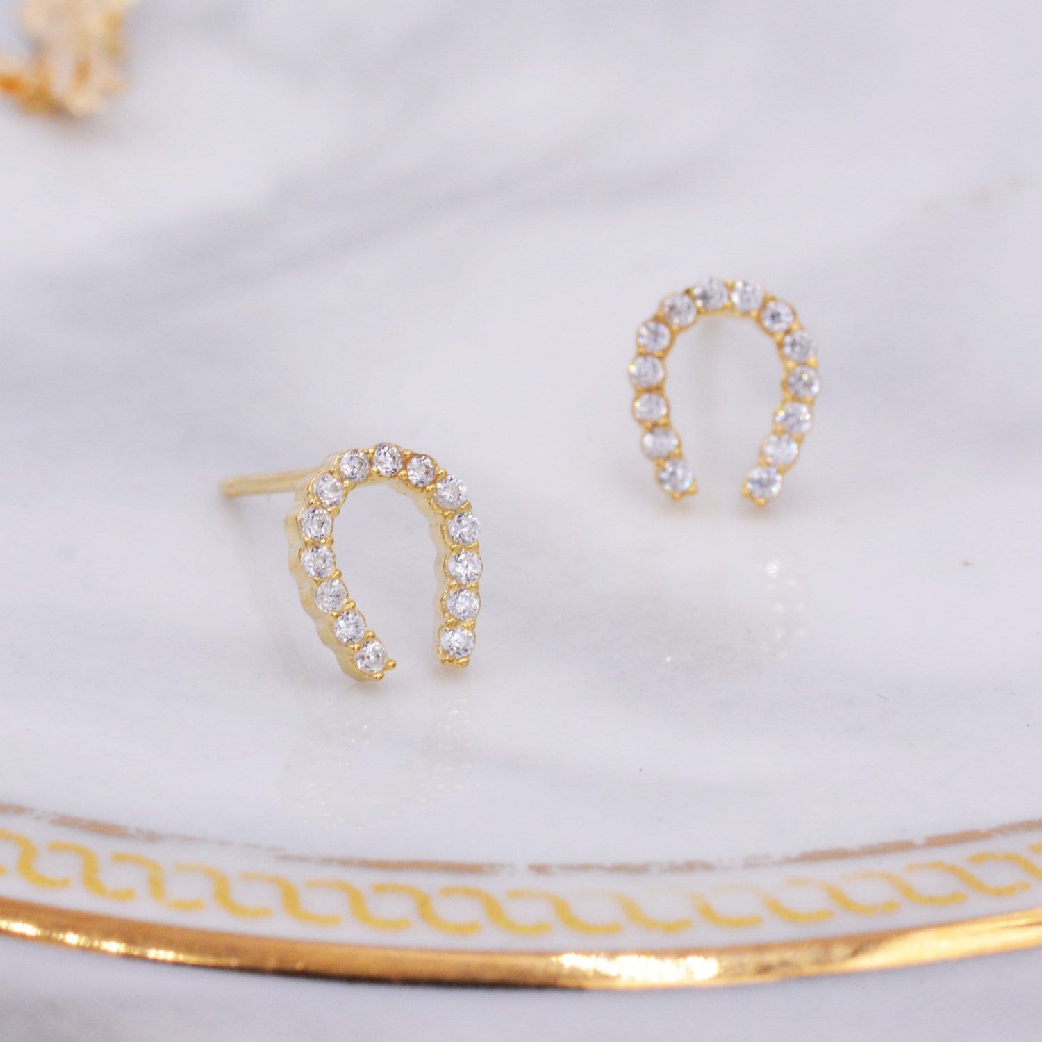 Sterling Silver Horseshoe Stud Earrings with Sparkling CZ Crystals, Fun and Quirky, Jewellery for Good Luck