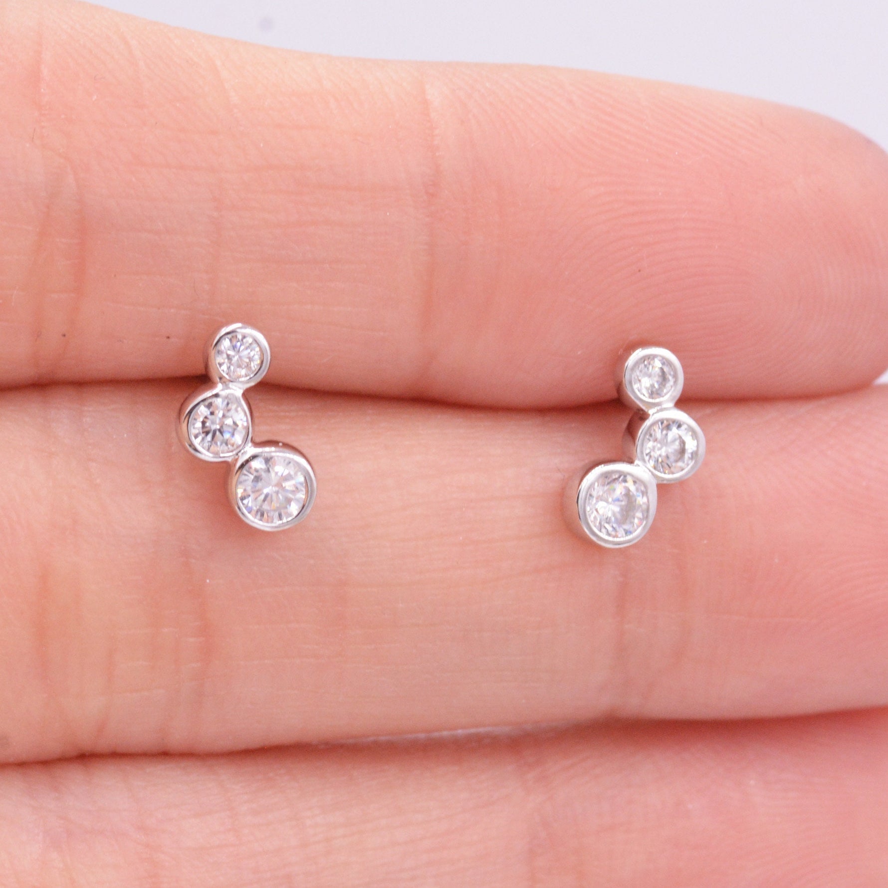 Small Pair CZ Crystal Trio Stud Earrings, Dot Earrings, Sparkly Earrings, Minimalist Extra Small earrings